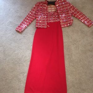 St Johns ruby red dress paired with a bling jacket